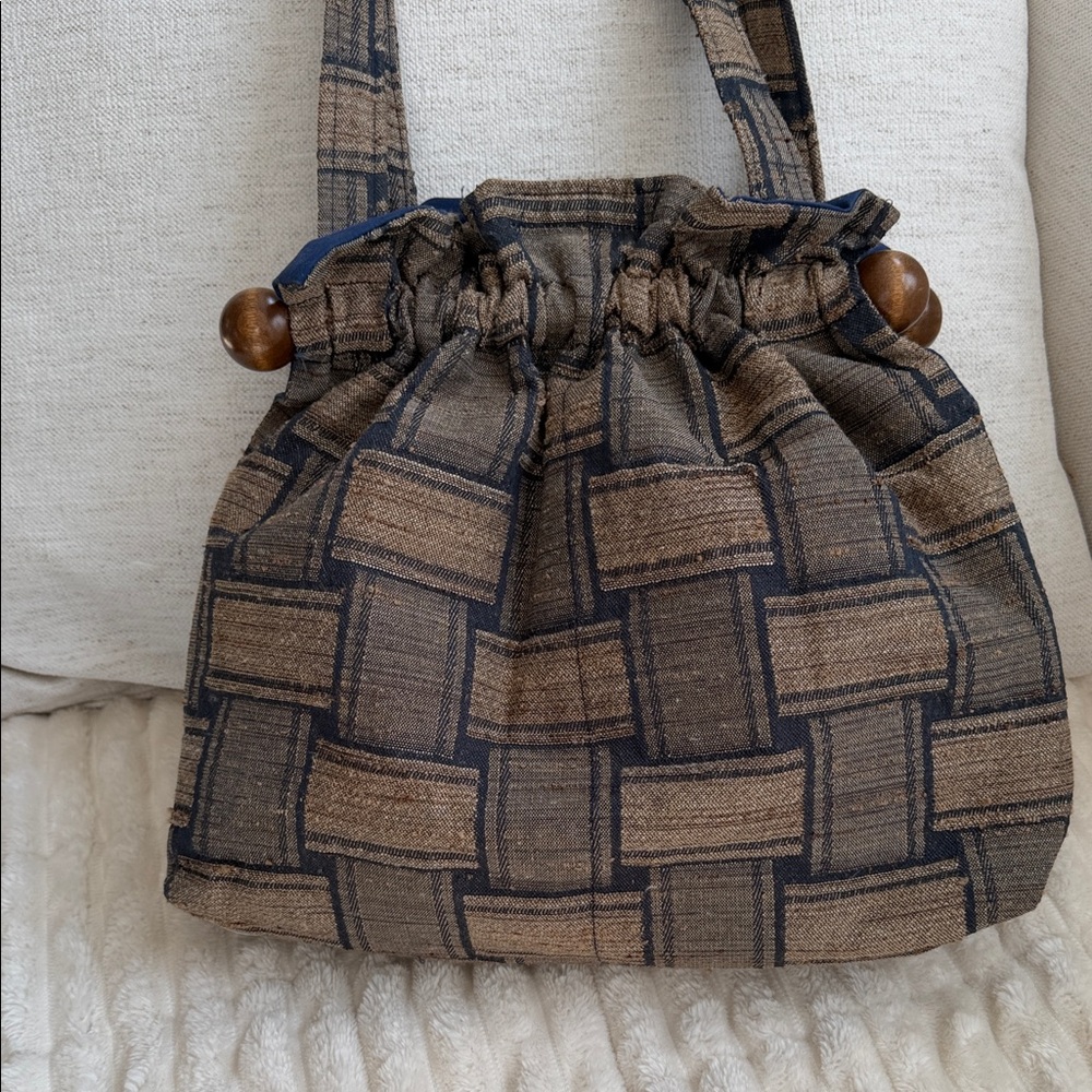 Vintage Boho Tapestry Handmade Artisanal Bucket Bag purse Wood Beads Cottagecore - Picture 1 of 11